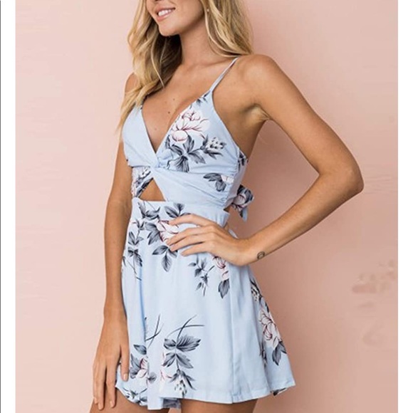 Baby Blue Floral Tie Romper - Picture 1 of 4